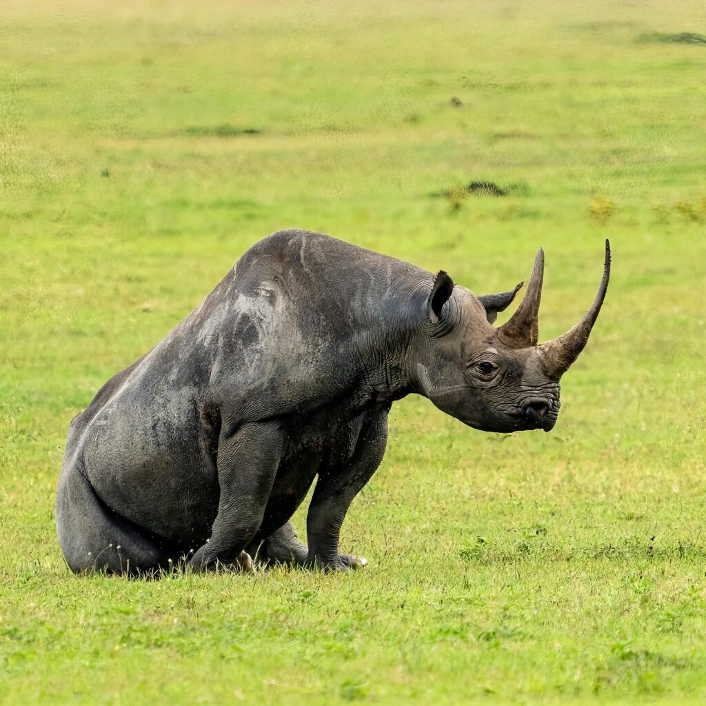 A black rhinoceros sits on green grass in a vast open field, showcasing its unique horn.